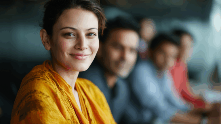 A woman in an orange shawl smiles warmly at the camera, sitting in a modern office setting. Blurred figures of two men are visible in the background, suggesting a collaborative environment. The scene captures a professional yet friendly atmosphere.