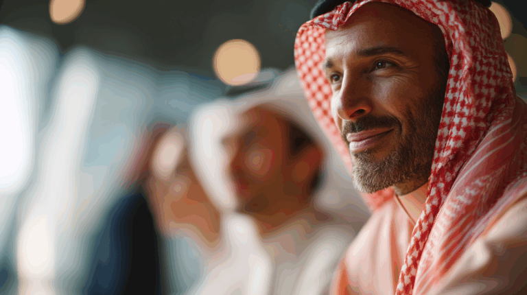 A close-up of a smiling man wearing a traditional red and white checkered keffiyeh and a light-colored thobe. He is seated among others in a softly focused background, with warm, blurred lights suggesting a casual gathering or event. The atmosphere conveys a sense of engagement and positivity.