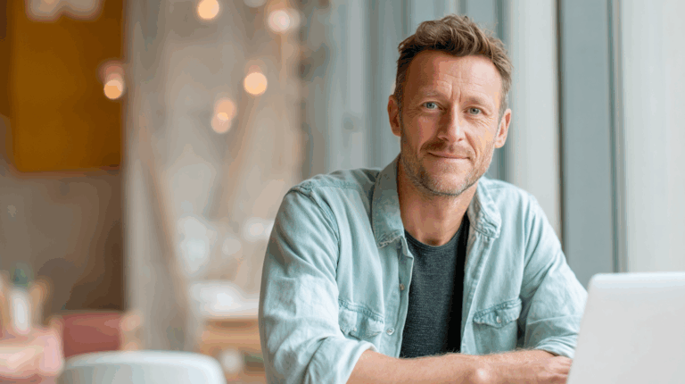 A smiling man with a short beard and styled hair sits at a table near a window, wearing a light blue button-up shirt over a dark t-shirt. He has a laptop in front of him and a warm, inviting atmosphere with soft lighting. The background features blurred furniture and decor in a modern space.