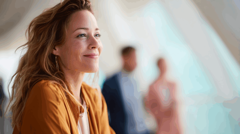 A woman with wavy brown hair smiles softly, wearing an orange jacket and hoop earrings. She appears engaged in conversation or reflection, with soft natural lighting highlighting her features. In the background, two blurred figures can be seen, suggesting a casual social setting.