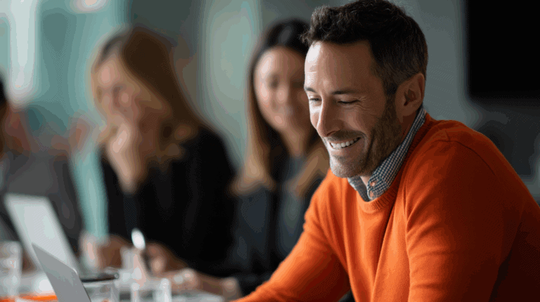 A smiling man in an orange sweater sits at a conference table, working on a laptop. In the background, two blurred colleagues are visible, one with long hair and the other in business attire, creating an atmosphere of collaboration and focus in a modern office setting.