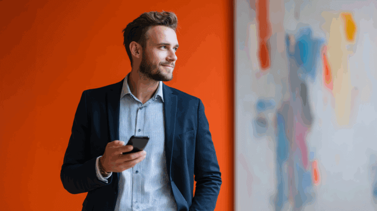 A smiling young man with a beard is standing against an orange wall, holding a smartphone in his right hand. He is wearing a dark blazer over a light striped shirt and looking thoughtfully to the side. In the background is an abstract painting with colorful brush strokes.