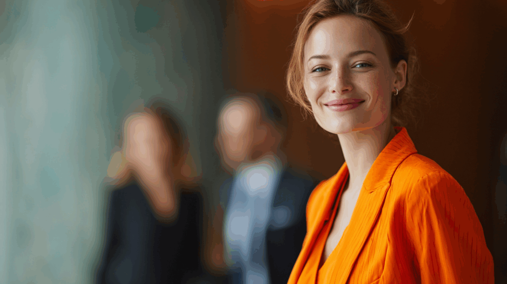 A smiling woman in an orange blazer stands in a softly blurred background that features two individuals in darker attire. The setting conveys a professional atmosphere with warm lighting, emphasizing her friendly expression and confidence.
