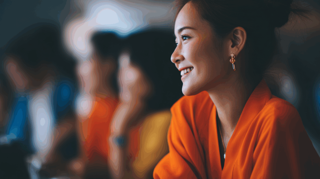 A close-up of a smiling woman wearing an orange top and stylish earrings, seated among a group of blurred individuals in the background. The lighting creates a warm atmosphere, emphasizing her joyful expression and engagement in the moment.