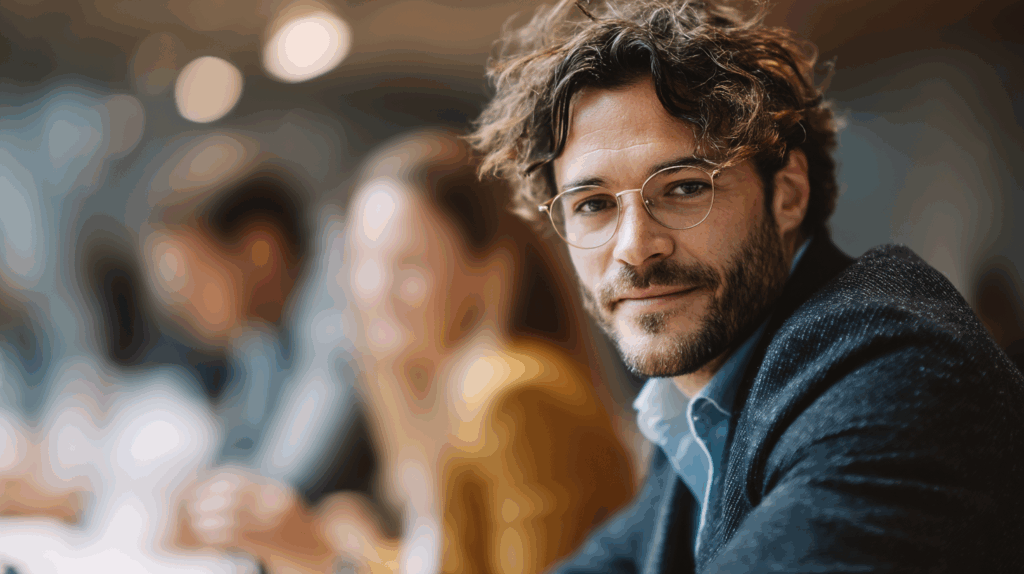 A well-dressed man with curly hair and glasses smiles at the camera, seated at a table in a blurred conference setting. His expression is confident and approachable, while two colleagues are softly visible in the background, hinting at a collaborative atmosphere.