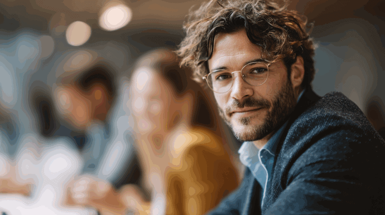 A well-dressed man with curly hair and glasses smiles at the camera, seated at a table in a blurred conference setting. His expression is confident and approachable, while two colleagues are softly visible in the background, hinting at a collaborative atmosphere.