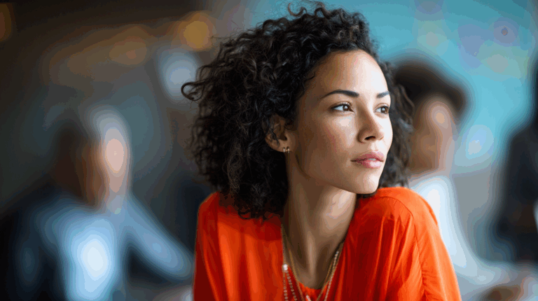 A woman with curly hair is seated, gazing thoughtfully to her left. She wears an orange top and appears to be in a modern, blurred background with soft lighting. The scene suggests a professional or social setting, with faint outlines of people engaged in conversation.