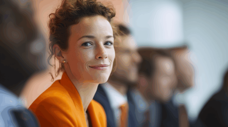 A close-up of a woman with curly hair, smiling confidently while wearing an orange blazer. She is seated among a group of people in business attire, with a blurred background, suggesting a meeting or conference setting. The atmosphere conveys professionalism and engagement.