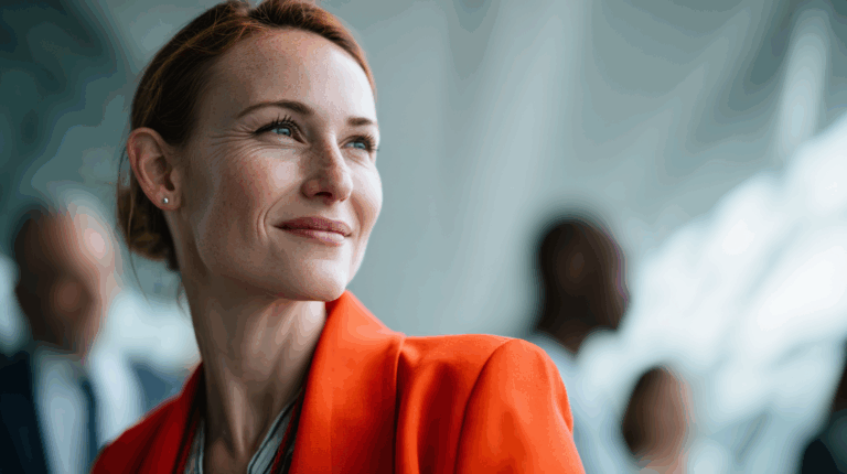 A smiling woman with freckles and red hair is wearing an orange blazer, looking thoughtfully into the distance. In the background, several blurred figures represent a professional atmosphere, with soft lighting accentuating the scene's modern setting.