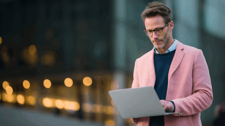 A man wearing glasses and a pink blazer stands outdoors, focused on using a laptop. He is dressed in a blue sweater and a collared shirt underneath, with a blurred urban background featuring warm lights. The scene conveys a professional and modern atmosphere.