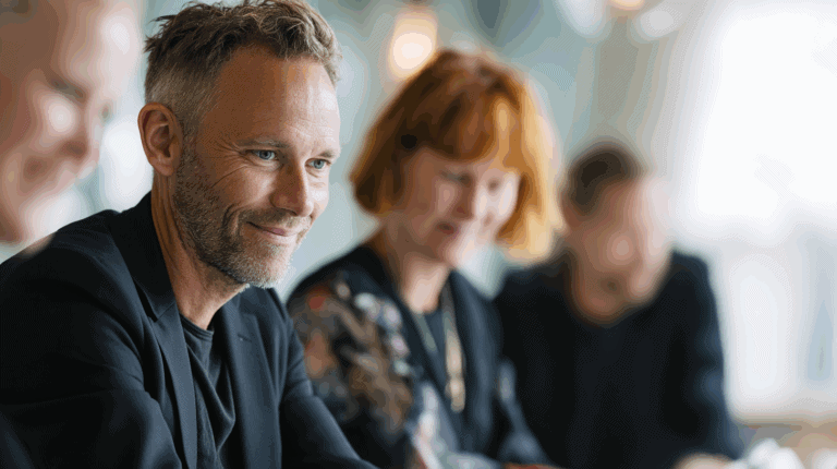 A group of four professionals is seated at a table in a well-lit environment. A man in the foreground, wearing a black blazer, smiles gently while looking at a document. Two women and another man are softly blurred in the background, indicating a collaborative setting or discussion.