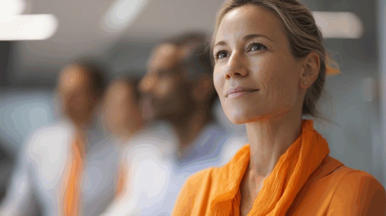 A woman with light brown hair, wearing an orange scarf and top, gazes thoughtfully while others are blurred in the background. The setting appears to be a professional environment like an office or meeting room, conveying an atmosphere of collaboration or reflection.