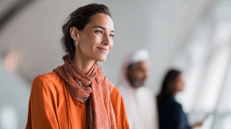 A smiling woman in an orange blouse and patterned scarf is pictured in a modern indoor setting. She has a confident expression, with her hair gently cascading down. In the background, two individuals are engaged in conversation, slightly blurred, suggesting a lively atmosphere.