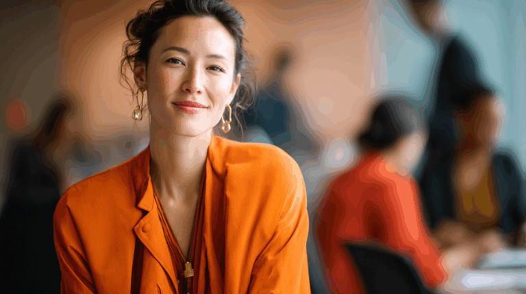 Portrait of a smiling woman wearing an orange blazer and gold earrings, seated in a modern office environment. The background features blurred colleagues engaged in conversation, emphasizing a collaborative atmosphere. The image conveys warmth and professionalism.