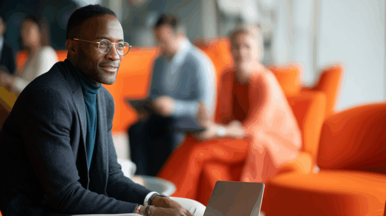 A man with glasses and a dark blazer sits with a laptop, smiling slightly. He appears focused and engaged. In the background, two people are seated on brightly colored orange chairs, one looking at a device while the other is partially visible. The scene conveys a modern, collaborative environment.