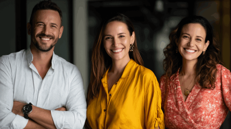 Three smiling individuals pose together, with one man wearing a white striped shirt and a watch, and two women in colorful tops — one in a yellow blouse and the other in a patterned red dress. They appear friendly and approachable, set against a blurred modern background.