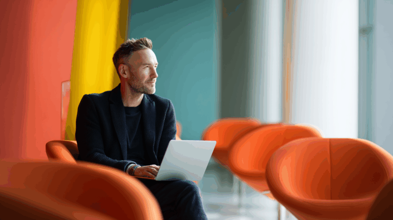 A thoughtful man with short hair is seated in a modern, brightly colored space, gazing out while working on a laptop. He wears a navy blazer over a black shirt. In the background, orange chairs and colorful wall accents create a vibrant atmosphere. Sunlight streams in, enhancing the inviting setting.