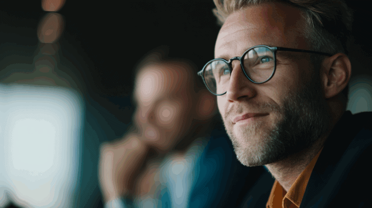 A close-up portrait of a man with a beard and glasses, wearing a dark jacket and orange shirt. He appears thoughtful, with a slight smile, gazing into the distance. In the background, another blurred individual can be seen, hinting at a meeting or discussion setting. Natural light filters in, enhancing the contemplative mood.
