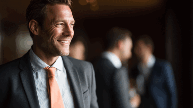 A smiling man in a suit with a light blue shirt and orange tie stands in focus, appearing confident and happy. Blurred figures are visible in the background, engaged in conversation, suggesting a social event or gathering. The warm lighting creates an inviting atmosphere.