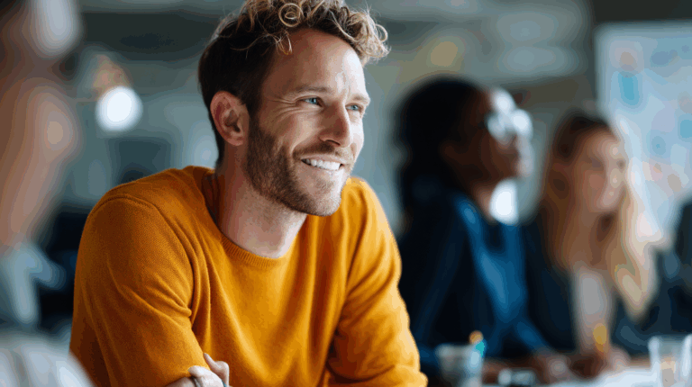 A young man with curly hair and a warm smile is seated at a conference table, wearing an orange sweater. In the background, several blurred individuals are engaged in discussion, creating a collaborative atmosphere. The setting appears to be a modern office.