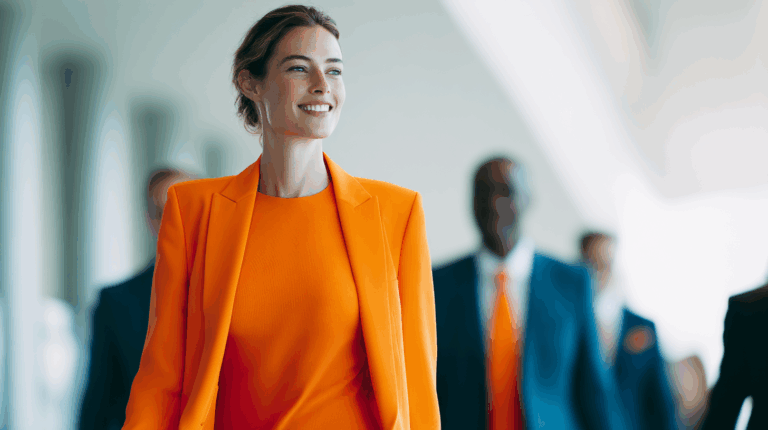 A confident woman in an orange suit smiles while walking, surrounded by men in dark suits with orange accents. The background is softly blurred, creating a professional atmosphere. The focus is on her vibrant outfit and positive demeanor, embodying a sense of energy and professionalism.