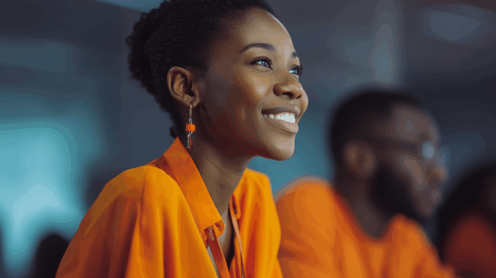 A smiling woman with short, curly hair wears an orange blouse and matching earrings. She appears engaged and happy while listening or participating in a discussion, with a blurred figure in an orange shirt seen in the background, suggesting a group setting. The ambiance is bright and focused.