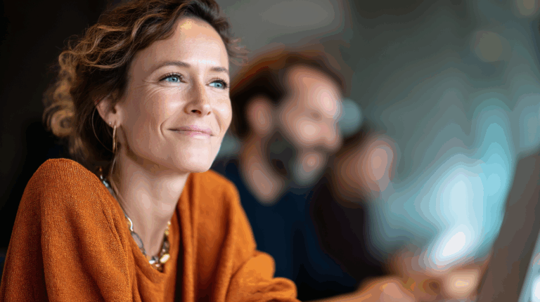 A woman with shoulder-length curly hair smiles softly, wearing an orange sweater and gold hoop earrings. She is seated at a table, with a blurred background that includes another person working on a laptop. The setting appears to be a modern workspace with natural lighting.