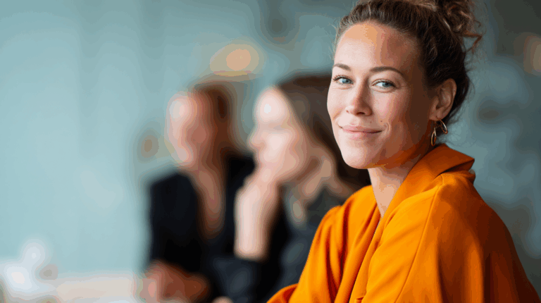 A smiling woman with curly hair is seated at a table, wearing an orange blazer and gold hoop earrings. She is looking at the camera, with two blurred individuals in the background engaged in conversation. The setting features soft colors and modern decor, creating a warm, professional atmosphere.
