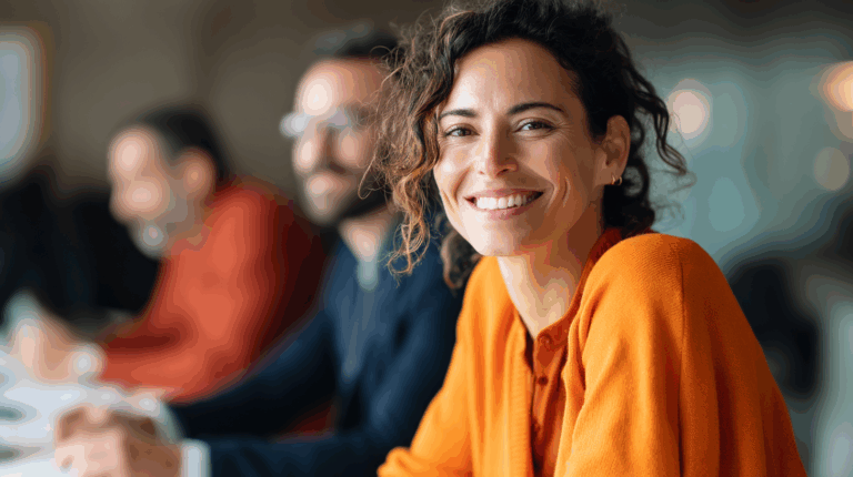 A smiling woman with curly hair wearing an orange sweater is seated at a table, engaged in conversation. Two blurred figures in the background are also present, suggesting a collaborative environment. The setting appears to be a modern, professional space.