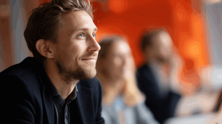 A smiling man with light brown hair and a beard, wearing a dark blazer, looks thoughtfully to the side. In the blurred background, two other people are visible, suggesting a collaborative or thoughtful environment. The setting features an orange wall, indicating a warm atmosphere.