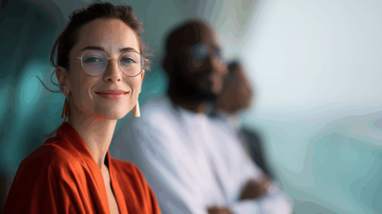 A smiling woman with light brown hair and glasses stands in the foreground, wearing an orange robe and gold earrings. Behind her, two people in business attire face away, appearing slightly blurred. The setting has a modern, airy feel with soft lighting and a view of a blue backdrop.