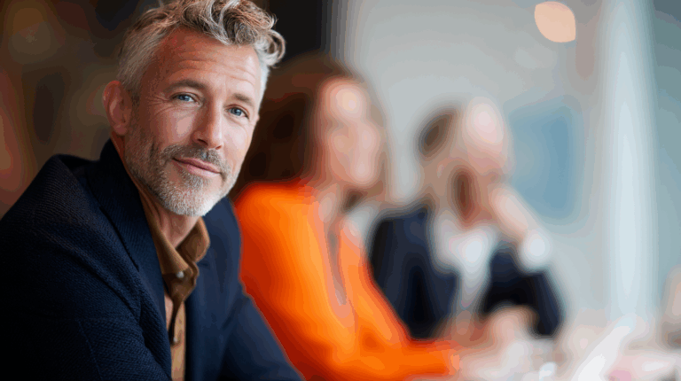 A close-up of a smiling man with gray hair and a beard, wearing a dark jacket and a light shirt, looking at the camera. In the background, several indistinct individuals are engaged in discussion, with one wearing an orange top. The setting appears to be a modern meeting space.