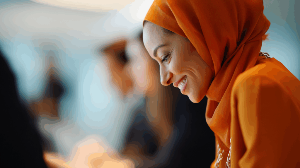 A woman wearing a bright orange hijab smiles while engaged in conversation in a meeting or professional setting. The background is softly blurred, focusing on her expression, which conveys warmth and positivity.