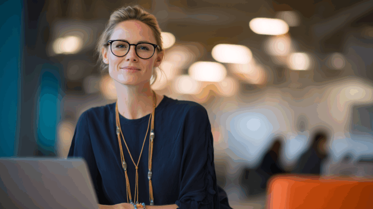 A confident woman with glasses smiles while seated at a desk with a laptop. She wears a navy blue top accompanied by layered necklaces. The background features a modern workspace with blurred figures and soft lighting, suggesting a professional environment.