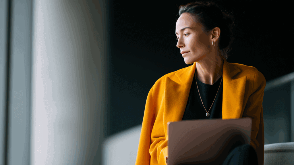 A thoughtful woman with a stylish yellow blazer is sitting by a large window, gazing out. She has a laptop in her lap and wears minimalist jewelry. The setting features soft, natural lighting that accentuates her contemplative expression and the modern, elegant environment around her.
