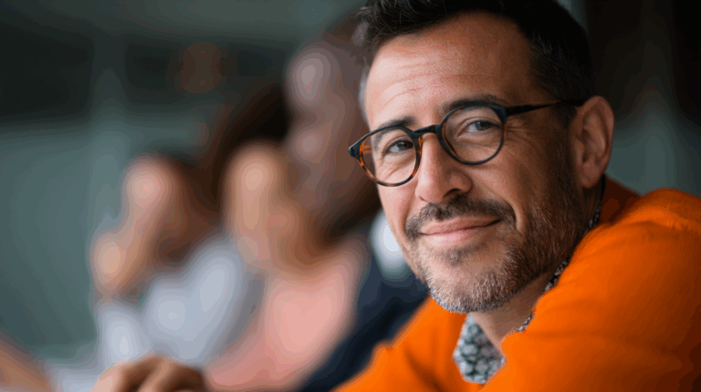 A smiling man with glasses and a beard, wearing an orange sweater, is seated at a table. He appears to be engaged in a discussion, with blurred figures of other people in the background. The setting suggests a casual or professional environment, highlighting a friendly and focused atmosphere.
