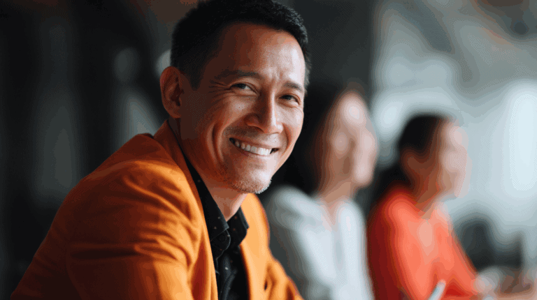 A man in an orange blazer smiles warmly at the camera, displaying a friendly demeanor. In the background, two women are partially visible, indicating a collaborative or social setting. The image captures a sense of confidence and engagement in a professional environment.