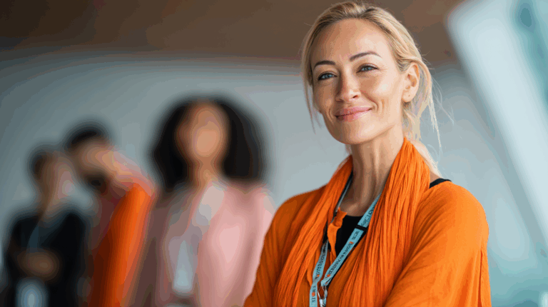 A confident woman in an orange outfit smiles warmly at the camera, with a blurred background featuring two other individuals. She wears a lanyard around her neck. The image conveys a professional and engaged atmosphere, suggesting a gathering or event.