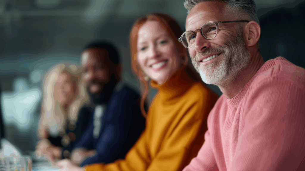 Four people seated at a table, smiling and engaged in conversation. The focus is on a man with gray hair and glasses, wearing a pink sweater, beside a woman in an orange turtleneck. Two others, indistinct, display friendly expressions. The background features a modern office setting with soft lighting.