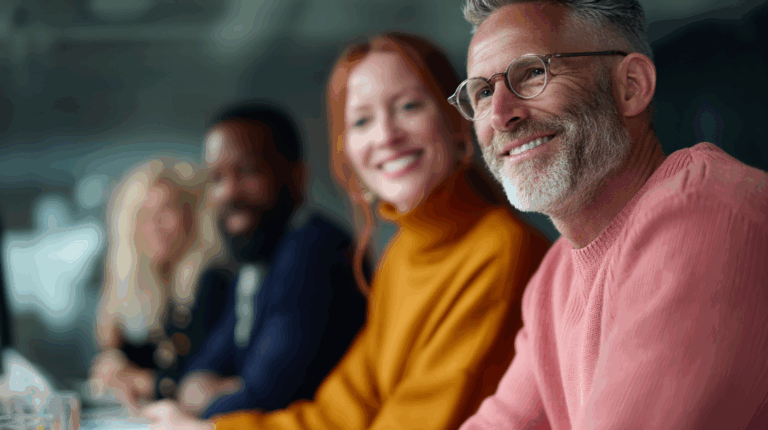 Four people seated at a table, smiling and engaged in conversation. The focus is on a man with gray hair and glasses, wearing a pink sweater, beside a woman in an orange turtleneck. Two others, indistinct, display friendly expressions. The background features a modern office setting with soft lighting.