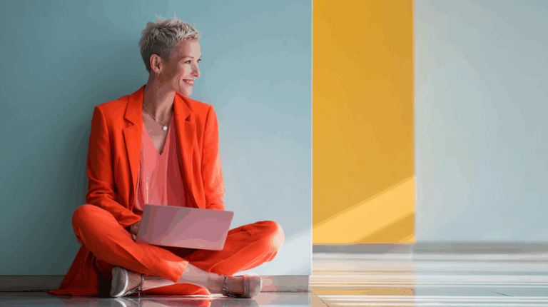 A smiling woman with short blonde hair is sitting cross-legged on a polished floor, wearing a bright orange suit over a soft pink top. She is using a laptop and is positioned against a backdrop of blue and yellow walls, with sunlight casting gentle shadows around her.