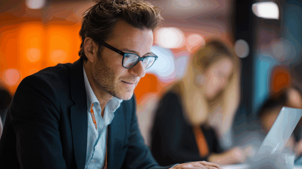 A well-dressed man with glasses focuses intently on his laptop in a modern workspace. In the background, a woman with long blonde hair is partially visible, engaged in her own work. The environment features vibrant orange tones, suggesting a creative atmosphere.