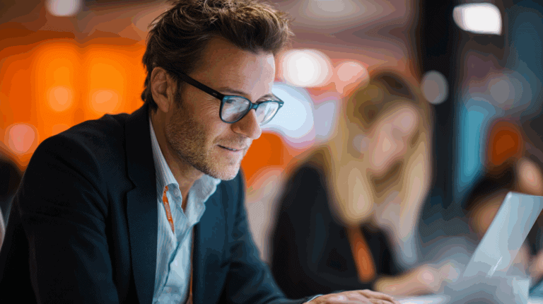 A well-dressed man with glasses focuses intently on his laptop in a modern workspace. In the background, a woman with long blonde hair is partially visible, engaged in her own work. The environment features vibrant orange tones, suggesting a creative atmosphere.