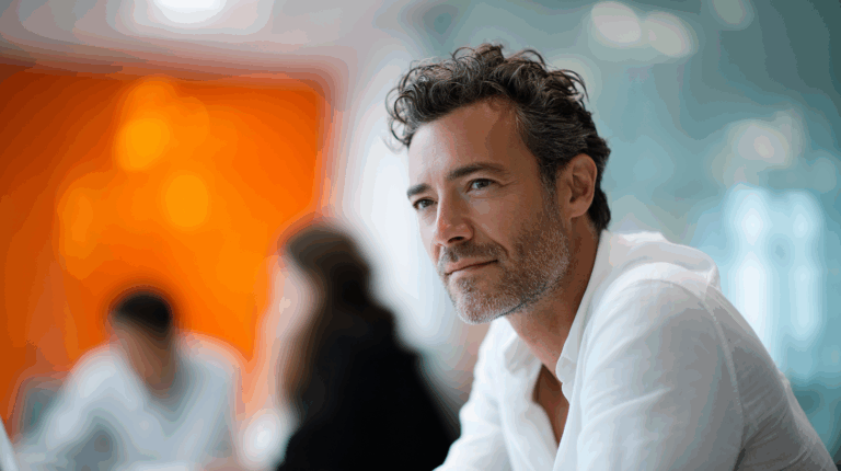 A man with curly hair and a beard is thoughtfully gazing off to the side. He is dressed in a white shirt and is seated in a bright, modern office setting with blurred figures and an orange background. The atmosphere appears collaborative and professional.