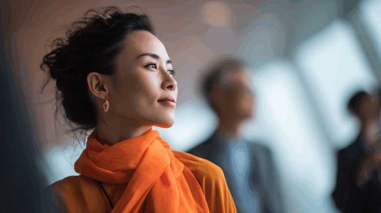 A woman with dark, wavy hair, wearing an orange scarf and earrings, gazes thoughtfully into the distance. She is in a blurred indoor setting with other people in the background, suggesting a moment of reflection or contemplation in a professional environment.