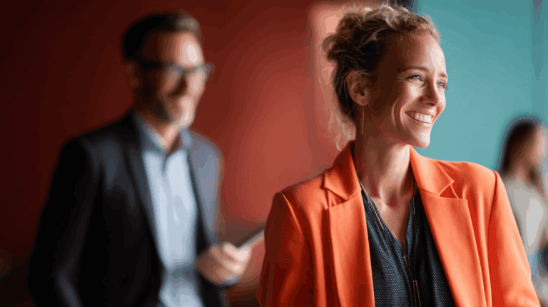 A smiling woman in an orange blazer stands in the foreground, showing confidence and warmth. Behind her, a man in a suit appears slightly blurred, holding a smartphone. The background features contrasting colors, enhancing the professional yet relaxed atmosphere.