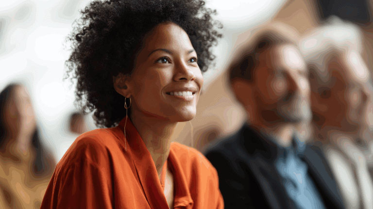 A woman with curly hair smiles while looking attentively at a speaker. She wears an orange blouse and gold hoop earrings. In the blurred background, a few other people are seated, also engaged in the event. The setting appears to be a conference or seminar with a warm, inviting atmosphere.