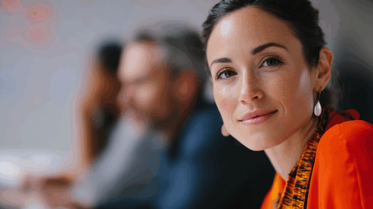A close-up portrait of a woman with dark hair, wearing an orange top and decorative earrings. She is smiling softly, with a focused expression. In the background, two blurred figures are seated, suggesting a meeting or discussion setting. The overall tone conveys a sense of engagement and approachability.