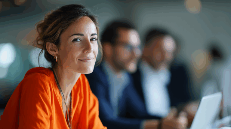 A woman with medium-length wavy hair is smiling while seated at a conference table. She is wearing an orange blouse and seated in a modern workspace. In the background, a few blurred individuals are focused on their laptops, suggesting an engaged meeting environment.