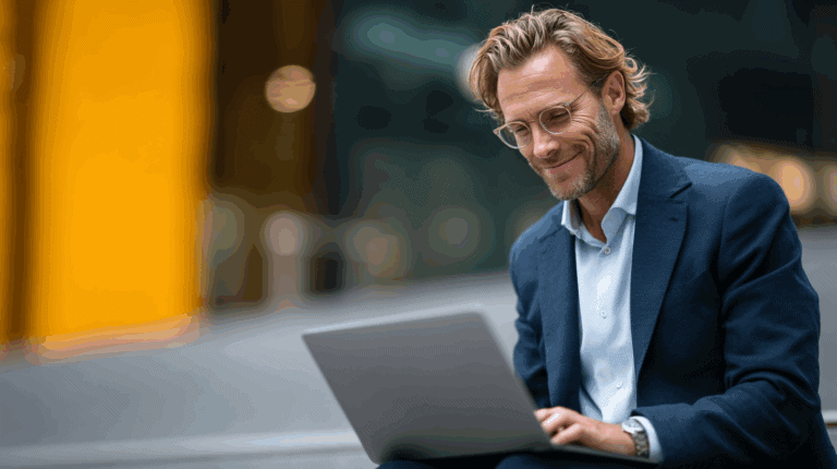A smiling man in a dark blazer sits outdoors, using a laptop on his lap. He has wavy hair and glasses, appearing engaged and content. The background features a blurred yellow wall and soft outdoor lighting, creating a professional yet relaxed atmosphere.
